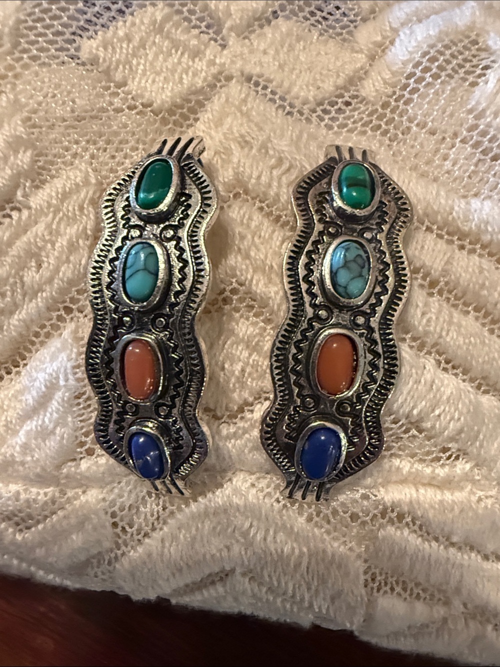Two pair Multi-Stone Southwestern Earrings with Turquoise, Coral & Lapis beads.